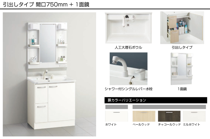 クリナップ 洗面化粧台 BGAシリーズ 引出しタイプ 間口750mm 1面鏡