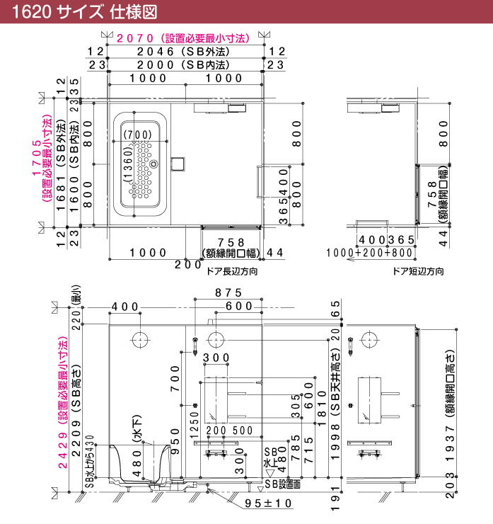 ハウステック マンション・アパート用システムバスルーム ソフィアスCJ 1620 仕様図