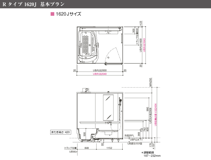 TOTO マンションリモデル システムバスルーム シンラ [SYNLA] Rタイプ 1620Jサイズ 基本プラン 仕様図