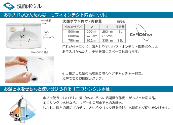 TOTO 洗面化粧台 Aシリーズ セフィオンテクト陶器ボウル エコシングル水栓